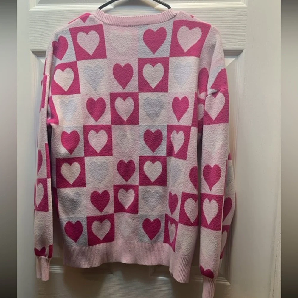 crown & ivy Pink and Hot Pink Heart-Check Crewneck Sweater